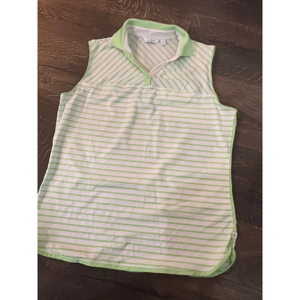 Lady Hagen White and Light Green Striped Sleeveless Polo Top